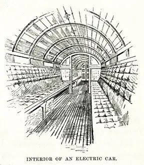 Kennington Prints: Interior of electric underground train, City Line, London