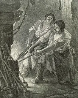 Workplace Prints: Interior of the forge. Engraving. 19th century