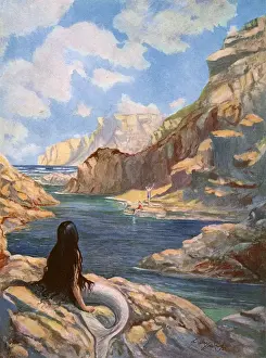 Bathers Prints: Intruders! By Godfrey Wilson, mermaid watching bathers