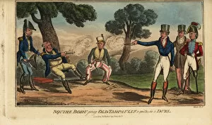Images Dated 11th October 2019: Irish gentlemen fighting a duel with pistols, Dublin, 1821