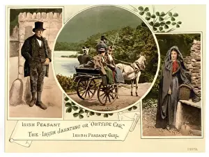 Irish jaunting car and peasants. County Galway, Ireland