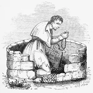 Knowing Collection: An Irish pilgrim to SAINT PATRICK'S PURGATORY, in Lough Dergh, sits in Saint Bridget's Chair