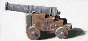 Iron cannon. Late 18th century. Colored engraving