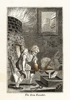 Workplace Prints: Iron founder pouring molten metal in an ironworks