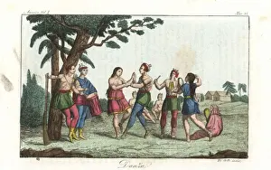 Iroquois women dancing to music played by