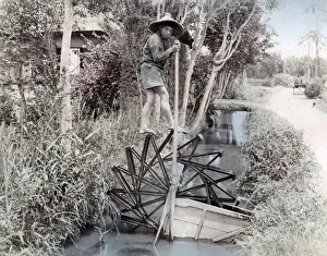 Irrigation with a water wheel, Japan, c.1890's Vintage late 19th century photograph Irrigation with a water wheel, Japan, c.1890's Vintage late 19th century photograph