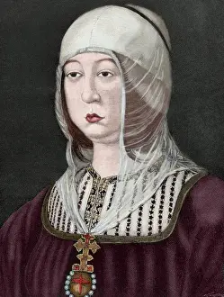 Americana Prints: Isabella I of Castile (1451-1504). Engraving. Colored