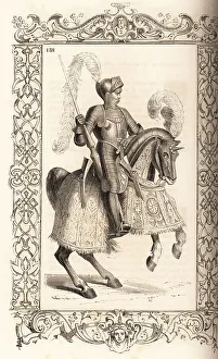 Helm Prints: Italian cavalryman riding a horse in barding, 16th century