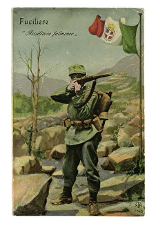 Italian Fusilier with rifle poses before a painted mountain