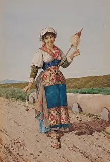Distaff Prints: Italian Girl Spinning with Distaff