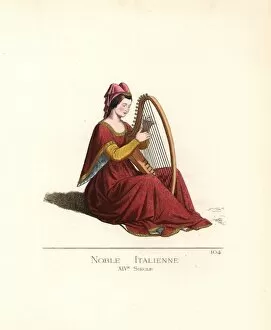 Bonnet Collection: Italian noble woman playing a harp, 14th century