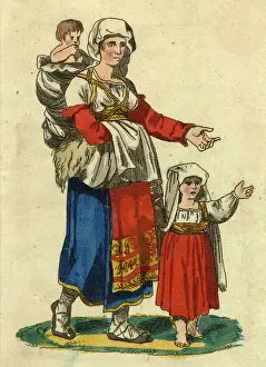 Italian woman in traditional costume with two children