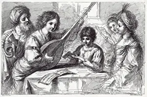 An Italian youth accompanies a group of singers on a lute- like instrument with so long a neck that it reaches out of the picture ! Date: 17th century