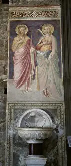 Miniato Prints: Italy. Florence. Mural painting with saints and stoup. 14th