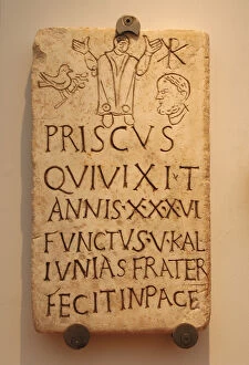 Iconography Gallery: Italy. Roman funerary stele of Prisco. 4th century AD