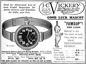 Luminous Collection: J. C. Vickery advertisement with Fums Up lucky mascot, WW1