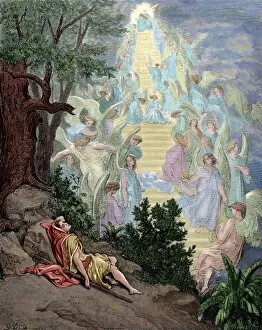 Heaven Gallery: Jacobs Dream. Engraving by Gustave Dore. Colored