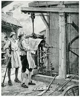 James Watt, Scottish engineer, at work on the steam engine