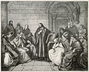 Images Dated 17th June 2021: JAN HUS Czech religious reformer, seen here on trial for heresy in 1414 Date: 1372