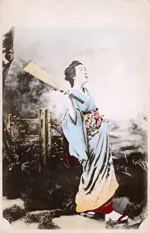 Batting Prints: Japan - Geisha girl holding a badminton racquet