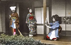 Japan - Geisha Girl - posing at home with two house staff