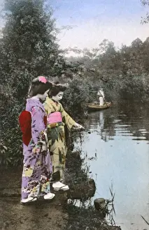Japan - Geisha Girls by the side of a garden pool