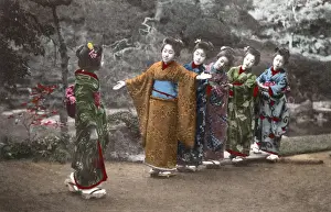 Greet Prints: Japan - Five Geisha Girls greet a new arrival