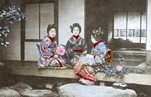 Japan - Three Geisha Girls outside traditional Japanese home