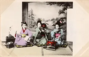 Shamisen Prints: Japan - Three Geisha Girls playing traditional instruments