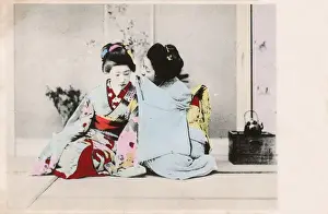 Courtesan Prints: Japan - Two Geisha Girls whispering to each other