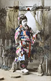 Fencing Prints: Japan - Japanese Geisha Girl in studio garden setting