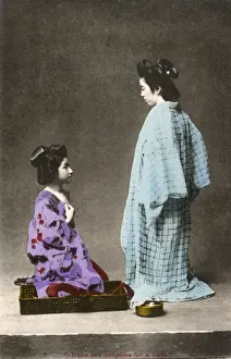 Prepares Prints: Japan - Japanese woman O-Hana-San prepares for a bath