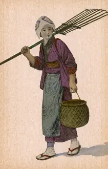 Farmers Prints: Japan - Japanese woman with rake and basket