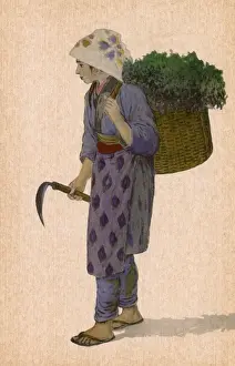 Greenery Prints: Japan - Japanese woman with sickle and laden basket backpack
