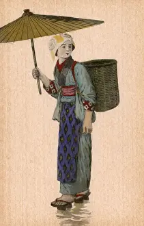 Rain Prints: Japan - Japanese woman with umbrella and basket backpack
