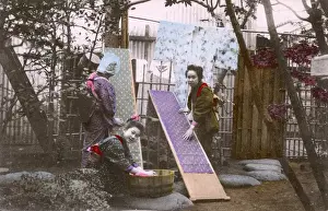 Strips Prints: Japan - Three Japanese women washing patterned fabric strips