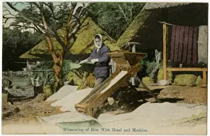 Japan - Winnowing the rice by hand and by machine