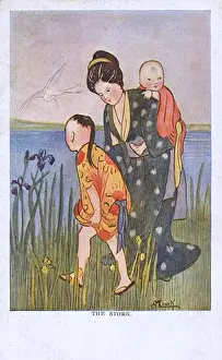 Stork Prints: Japan - Woman her two children disturb a stork