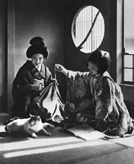Mats Prints: Japan - Woman and Young Girl Play with a Kitten
