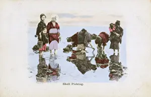 Collect Prints: Japan - Women collecting mussels on the beach at low tide