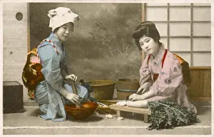 Grinds Prints: Japan - Women preparing food including chopping a daikon