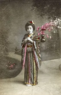 Kimono Prints: Japan - Young Japanese Girl holding cherry blossom frond