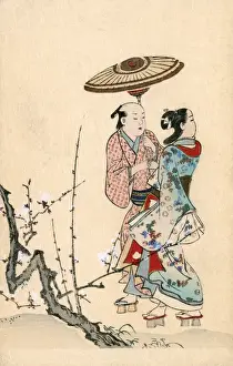 Cherry Prints: Japanese Art - Couple out for a walk - Springtime