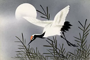 Moonlight Gallery: Japanese art postcard - Stork in flight beneath the moon