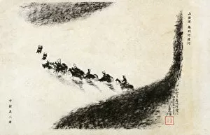 Japanese Artillery crossing a river in Manchuria, China
