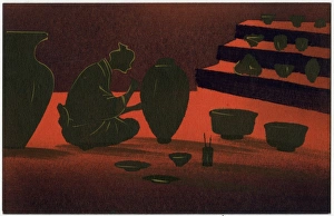 Artisan Collection: Japanese Ceramic Artist decorating a large vase