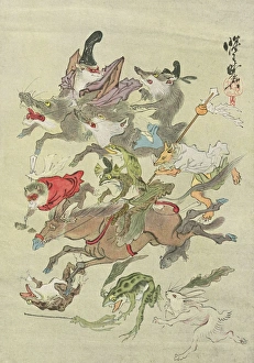 Images Dated 12th January 2016: Japanese colour print, Hunting Animals