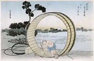Tradesman Prints: Japanese Cooper (barrel-maker) constructing a huge barrel