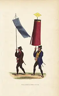 19thcentury Prints: Japanese ensign carrying a standard, and umbrella bearer
