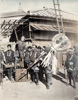 Japanese firemen with their banner, Japan